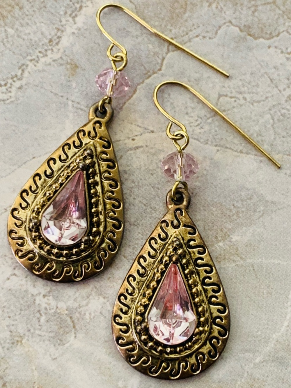 Pink Teardrop Crystal Drop Ethnic Earrings